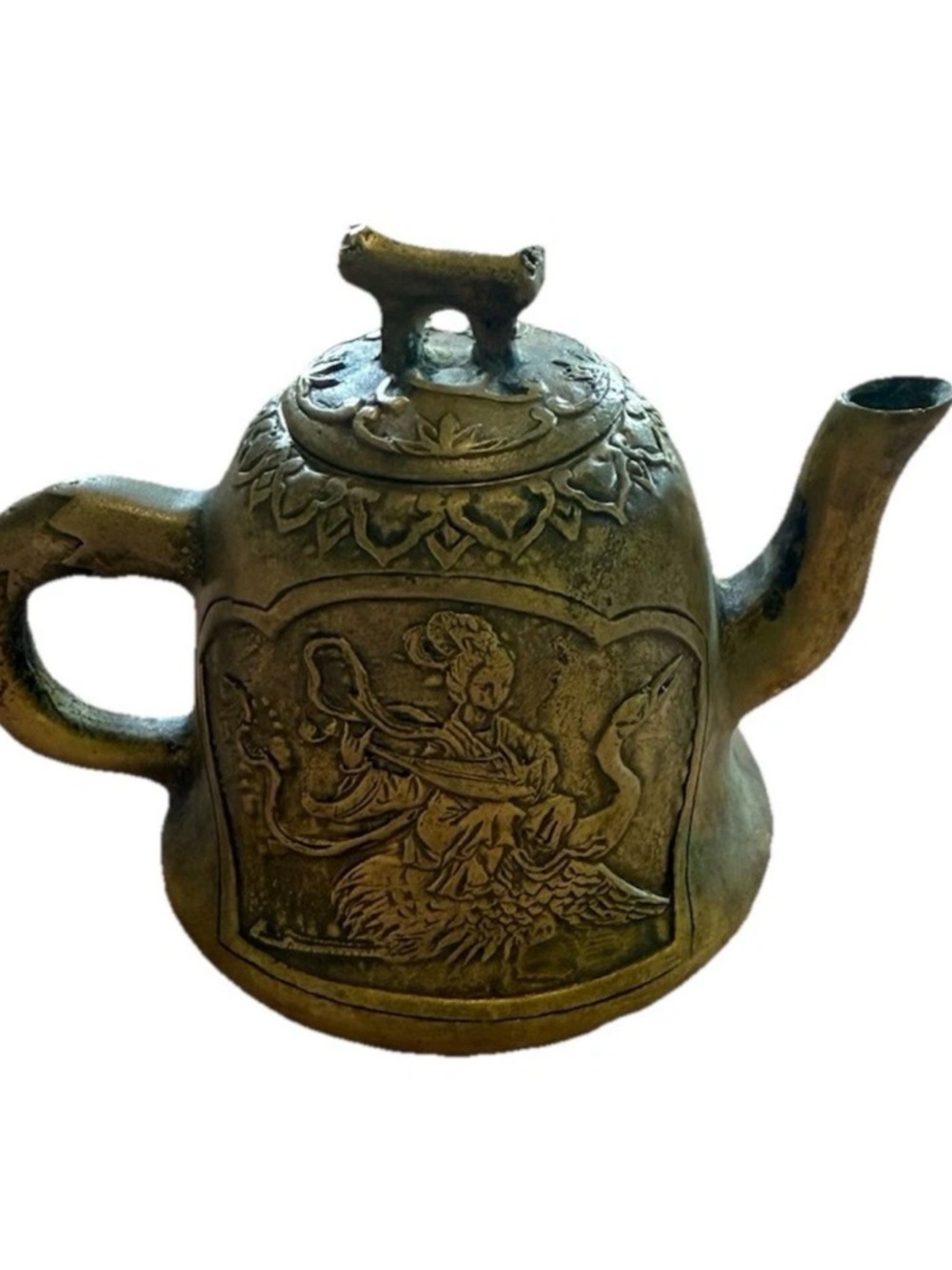 Vintage Antique Cast Bronze Chinese Teapot Brass Qing Dynasty Heavy Crane Woman